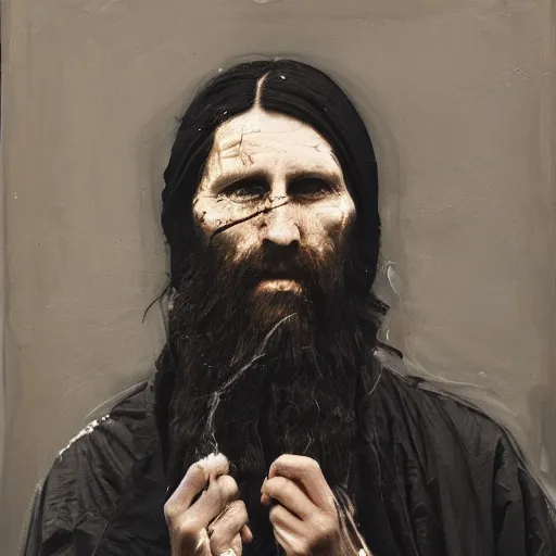 Prompt: a portrait of modern day grigori rasputin wearing hypebeast streetwear hoodie and pants by nicola samori, oil painting, realistic, 8 k, fear of god style