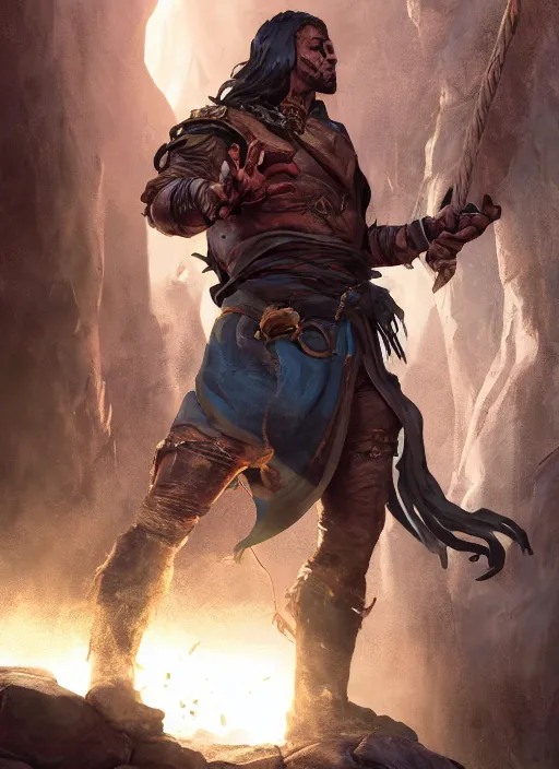 Image similar to an epic fantasy comic book style portrait painting of a lean and cruel man with a cudgel who bosses around children in a cave, unreal 5, daz, hyperrealistic, octane render, cosplay, rpg portrait, dynamic lighting