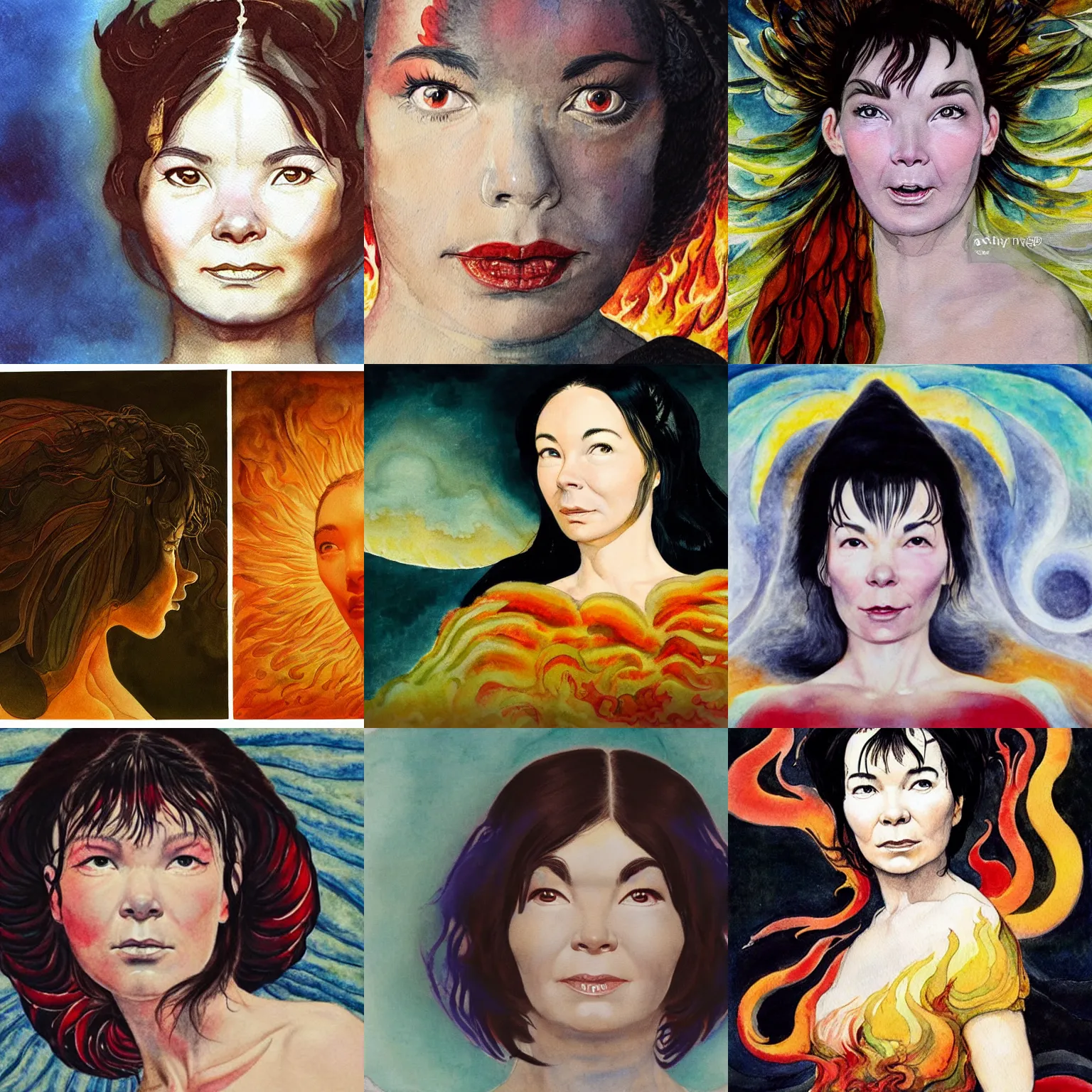 Prompt: photorealistic portrait of bjork's face in front of a detailed background of roaring flames and destruction, bjork looks beautiful, painted in watercolor by william blake, 1 8 2 6.