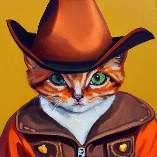 Prompt: a portrait of an orange kitten wearing a cowboy hat and a leather jacket, oil painting