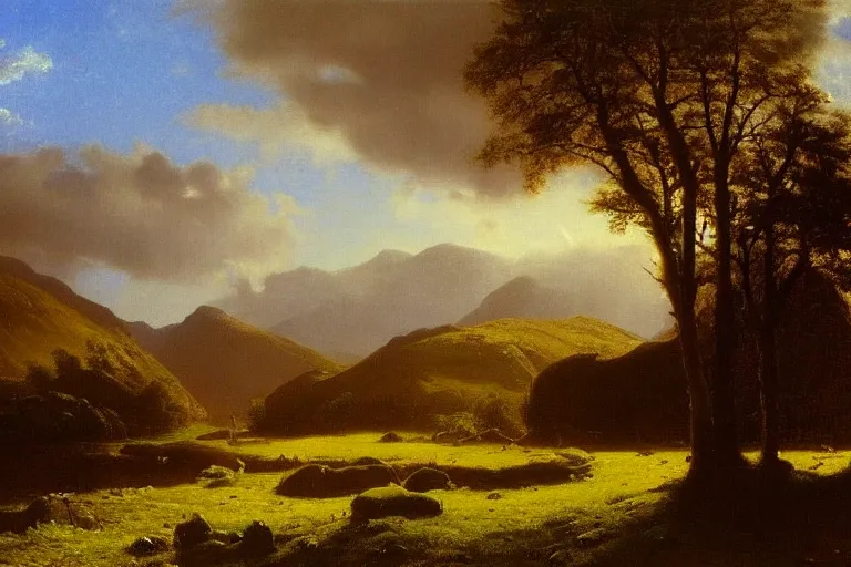 Prompt: a beautiful oil painting of a Scottish Highland landscape, evening light, by Albert Bierstadt, beautiful light, detailed, dramatic