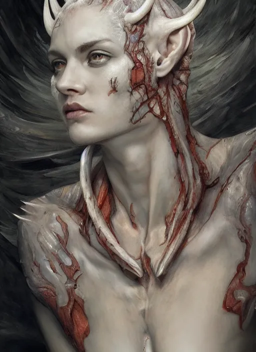 Image similar to half demon half human intricate skin pattern texture, elegant, peaceful, full body, white horns, hyper realistic, extremely detailed, dnd character art portrait, fantasy art, intricate fantasy painting, dramatic lighting, vivid colors, deviant art, artstation, by edgar maxence and caravaggio and michael whelan and delacroix.