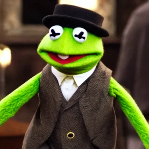 Image similar to Muppet Kermit the Frog in Peaky Blinders very detail 4K quality super realistic