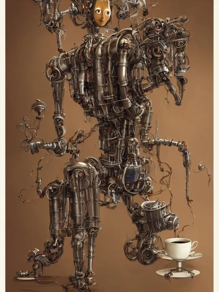 Prompt: full-length portrait of a singular old mechanical humanoid robot offering a cup of steaming coffee, by Simon Stalenhaag, by Yoshita Amano, by Esao Andrews, sharp focus, fresh colors, deviantart, conceptart