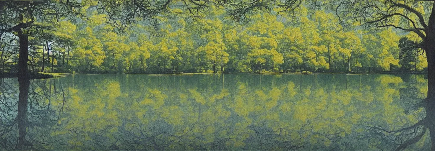 Image similar to escher painting of a lake, big trees reflecting on lake surface, ultra sharp, ultra detailed, colorized by salvador