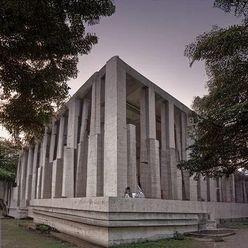 Prompt: a super high - rise hindu temple, panning shot, dusk, by corbusier