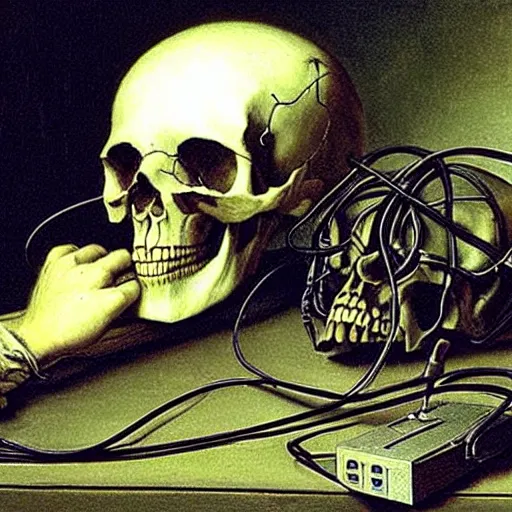 Image similar to a painting by Thomas Cole of a skull wearing headphones connected with many wires and coords to an old computer terminal, highly detailed