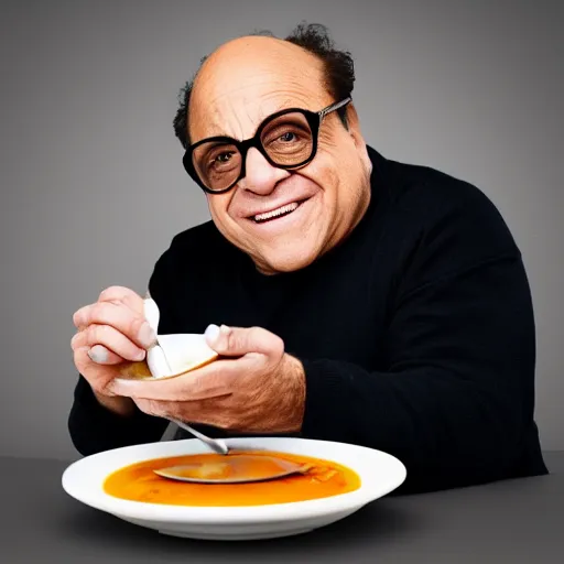 Prompt: danny devito eating soup ( sony a 7 r iv, symmetric balance, polarizing filter, photolab, lightroom, 4 k, dolby vision, photography awardm, voque, perfect face )