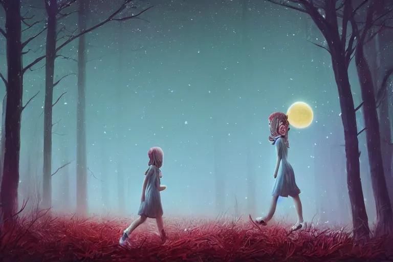 Image similar to giant daisy flowers head, girl walking in dark forest, surreal photography, dark night, stars, moon light, impressionist painting, clouds, digital painting, artstation, simon stalenhag