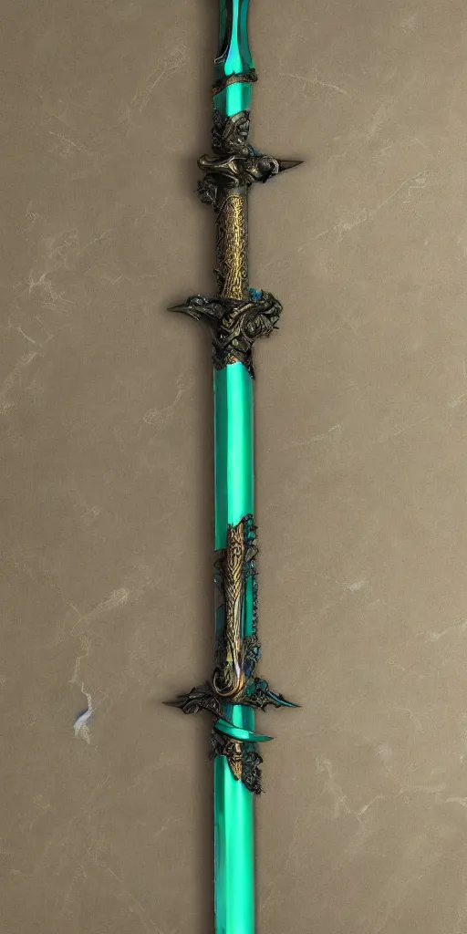 Image similar to photograph of a wide green and teal crystal double - edged sword blade attached to a big gold sword hilt