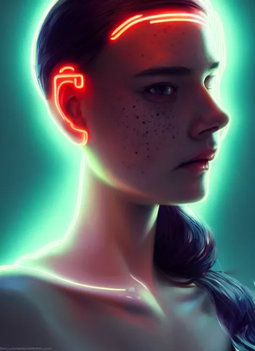 Prompt: photorealistic an european female humanoid with heavy freckle cheeks, cyber neon lightings, futurism, cyberpunk high fashion, elegant profile pose, intricate details, crispy quality, digital photography, trending in artstation, trending in pinterest, no watermark signature, cinematic, 4 k ultra hd, art by artgerm, art by greg rutkowski, art by pascal blanche