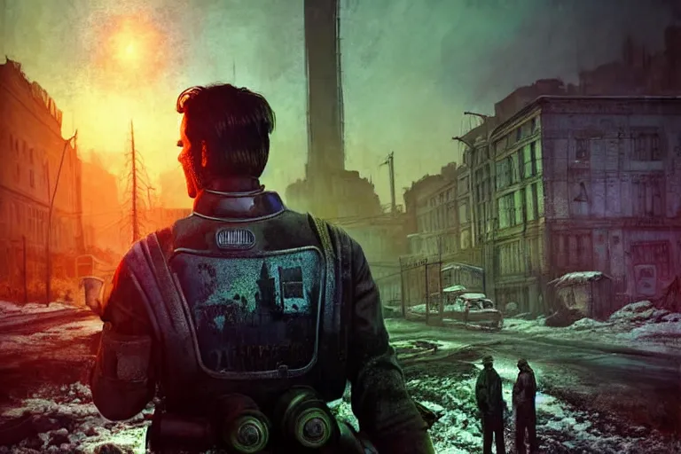 Prompt: fallout 5, jim carrey as protagonist, portrait, outdoors european cityscape, atmospheric lighting, painted, intricate, volumetric lighting, beautiful, daytime, winter, clear weather, mutated wildlife, sharp focus, deep colours, ultra detailed, art by william turner