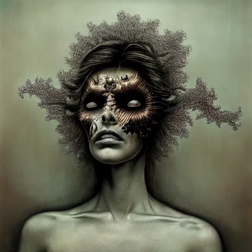 Prompt: dramatic matte portrait painting of woman with black mandelbrot fractal instead of face, in style of zdzisław beksinski, horror, body horror, dark, disturbing, extremely detailed,