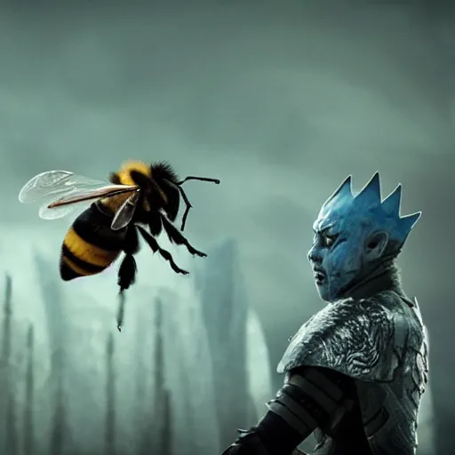 Prompt: justin sun as night king versus huge crimson - black warrior bee, 4 k, epic, cinematic, focus, movie still, fantasy, extreme detail, atmospheric, dark colour, sharp focus