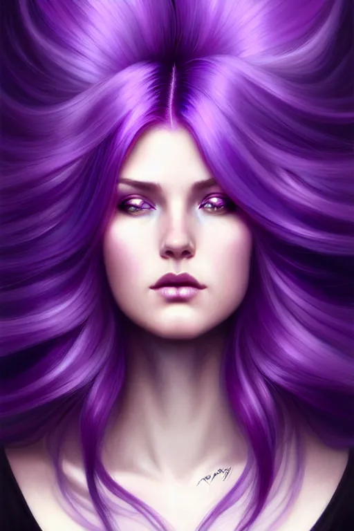 Image similar to Purple hair relistic Portrait of a woman with bright colored flying hair, all shades of purple. Hair coloring, long hair, blue eyes, fantasy, intricate, elegant, highly detailed, digital painting, artstation, concept art, smooth, sharp focus, illustration, art by artgerm and greg rutkowski and alphonse mucha