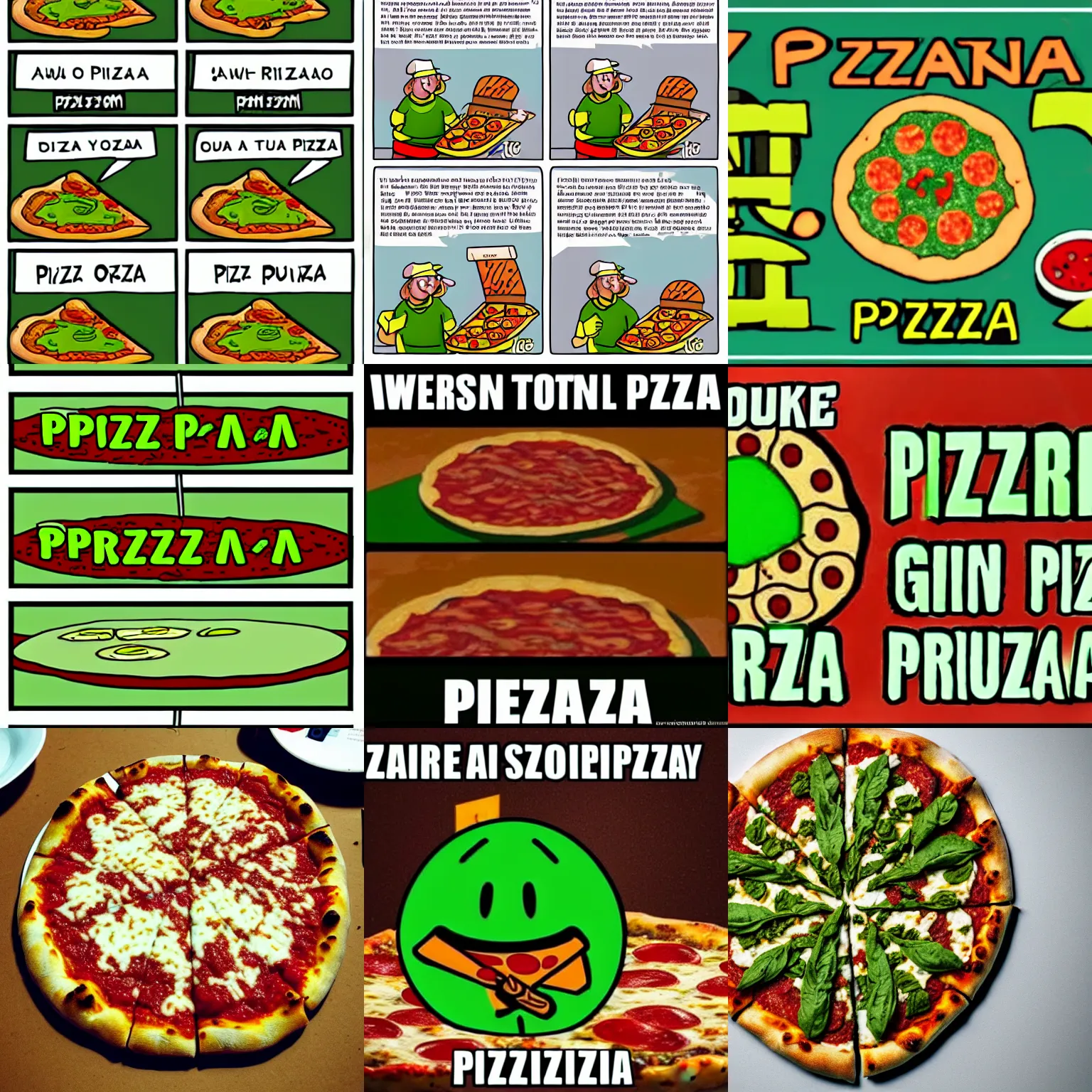Prompt: weird green text style spells the word pizza