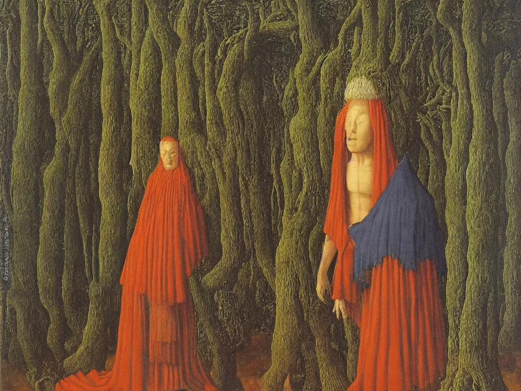 Prompt: Portrait of melancholic non gendered person coming from the future in spiked cloth. Background with the giant totemic forest. Sleepless night. Painting by Jan van Eyck, Rene Magritte, Jean Delville, Max Ernst, Maria Sybilla Merian