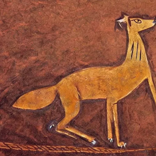 Image similar to neolithic cave painting of a half-fox warrior. strong and powerful anthropomorphic fox. gorgeous eyes. Bipedal foxman holding spear. Heiroglyphic art. carvings, cave scratches in cave wall. art by homo erectus. earthen colors