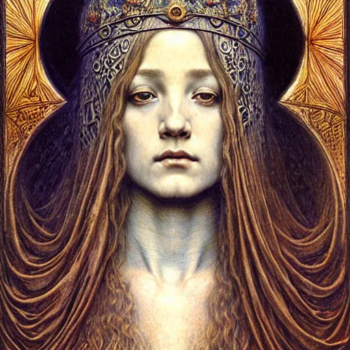 Prompt: detailed realistic beautiful young medieval queen face portrait by jean delville, gustave dore, zdzisław beksinski and marco mazzoni, art nouveau, symbolist, visionary, gothic, pre - raphaelite, art forms of nature by ernst haeckel, memento mori