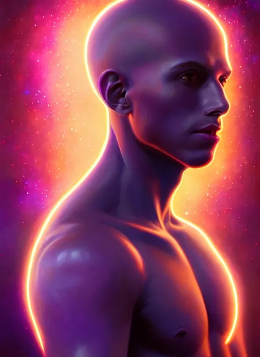Image similar to a male faceless glowing liquefied stardust adventurer, dnd fantasy character, full body portrait, glowing neon skin, magical aura, ultra realistic, intricate, elegant, highly detailed, digital painting, artstation, smooth, sharp, focus, illustration, art by artgerm and greg rutkowski and alphonse mucha and alex grey