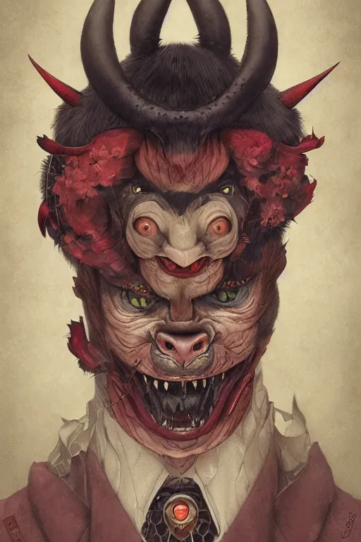 Image similar to a portrait of a japanese bat face devil animal illustrated by miyazaki by karol bak, james jean, tom bagshaw, rococo, sharp focus, trending on artstation, cinematic lighting, hyper realism, octane render, 8 k, hyper detailed, vivid, ultra detailed, highly detailed