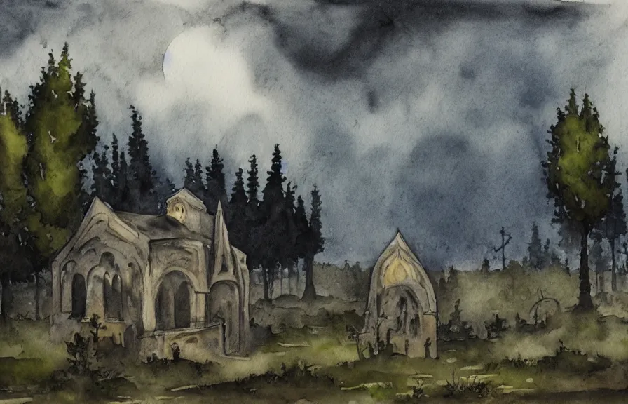 Image similar to monastery in a dark and gloomy forest with a graveyard and epitaph, rainy and stormy sky, watercolor painting