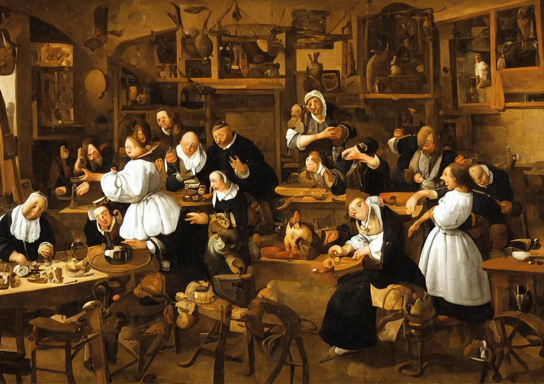 Image similar to Jan Steen. One Beautiful woman big in the center looking at us. Tools on wall. Swine. Dog. Duck. Window. Netherlands tavern, low ceiling, small chamber. Hyperrealistic, ultra detailed, 80mm, museum, artwork. Empty. Daylight.