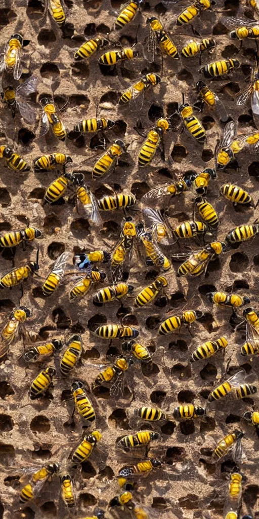 Image similar to Wasps attack two twin bee colonies, 8k, hd,