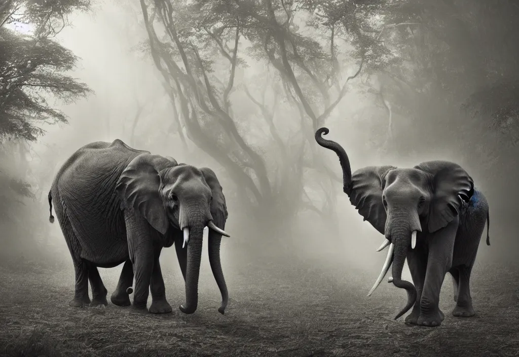 Prompt: an elephant king, his trunk is a long tentacle, in a jungle with ominous light from above, ambient light, fog, river, symmetrical, poetic