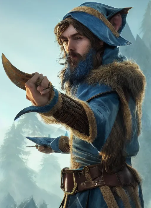 Image similar to A striking epic hyper real painting of an arrogant half elf ranger with shaggy brown hair, scruffy beard, scar on face, blue tunic, unreal 5, DAZ, hyperrealistic, octane render, cosplay, RPG portrait, dynamic lighting