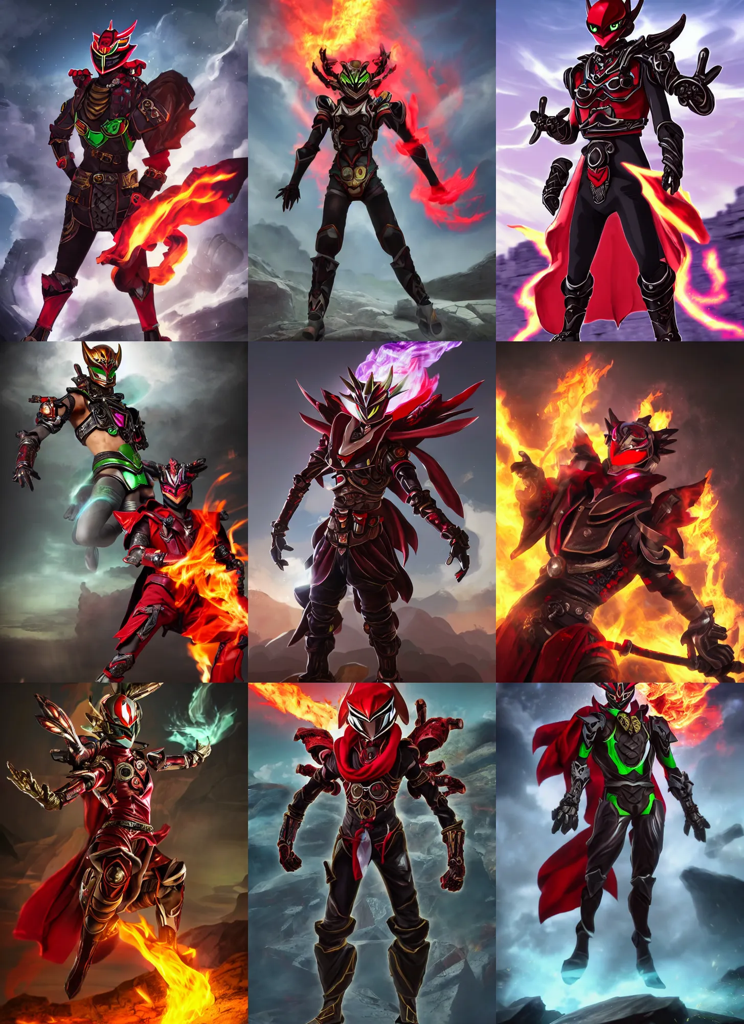 Prompt: High Fantasy Kamen Rider with a red scarf of fire billowing behind him standing in a rock quarry doing a henshin pose, full body single character, League of Legends Character Splash Art, rubber suit, biomechanical, Arcane style, good value control, high quality, 4k, ultra realistic, highly detailed, illustration, matte painting, rule of thirds, centered, cinematography