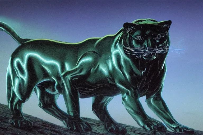 Prompt: chrome panther, metallic, contrasting neon light, volumetric lighting, by caspar david friedrich and wayne barlowe and ted nasmith