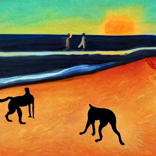 Image similar to a fauvist painting of a man and a black dog digging a hole on a danish beach at sunset