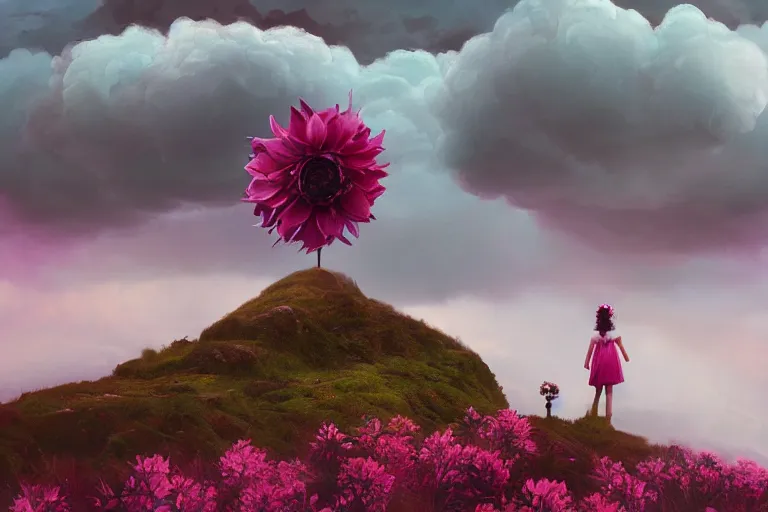 Prompt: giant dahlia flower crown head on girl walking on mountain, surreal photography, pink storm clouds, dramatic light, impressionist painting, digital painting, artstation, simon stalenhag