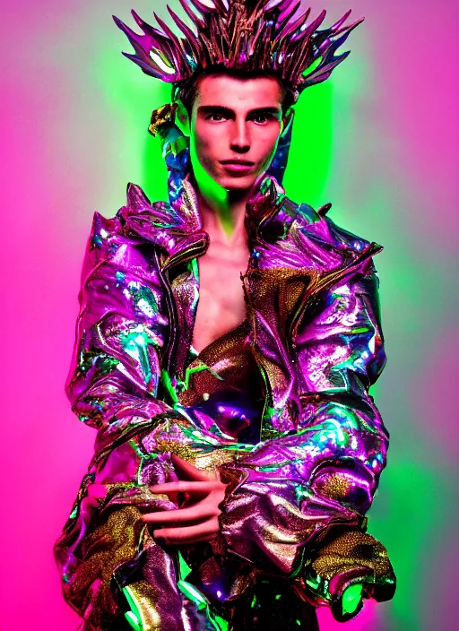 Prompt: photo of baroque and bladerunner delicate neon emerald sculpture of seductive prince adrien sahores pink iridescent humanoid deity wearing metallic jungle leaves, crystal tigers, glowing rainbow lights, crown made of hands, cinematic lighting, photorealistic, octane render 8 k depth of field 3 d