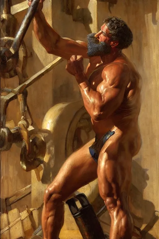 Image similar to muscular sweaty male blacksmith, forgehouse painting by gaston bussiere, craig mullins, j. c. leyendecker, tom of finland