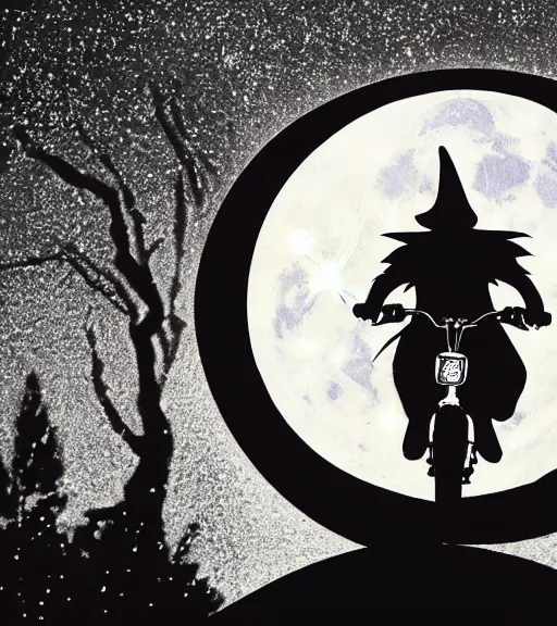 Prompt: a witch with a pointy hat is riding a flying bike across the full moon as silhouette, from the movie e. t. the extra terrestrial, with dark trees in foreground, cinematic frame by steven spielberg, hd