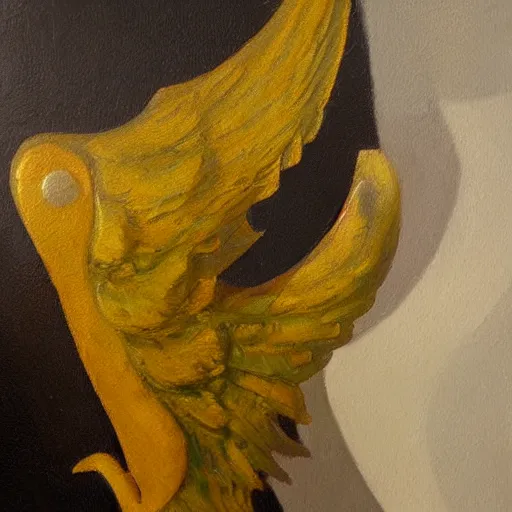 Image similar to polished rectangular round edged stone with demon wings and a barely visible demon face, oil painting, detailed