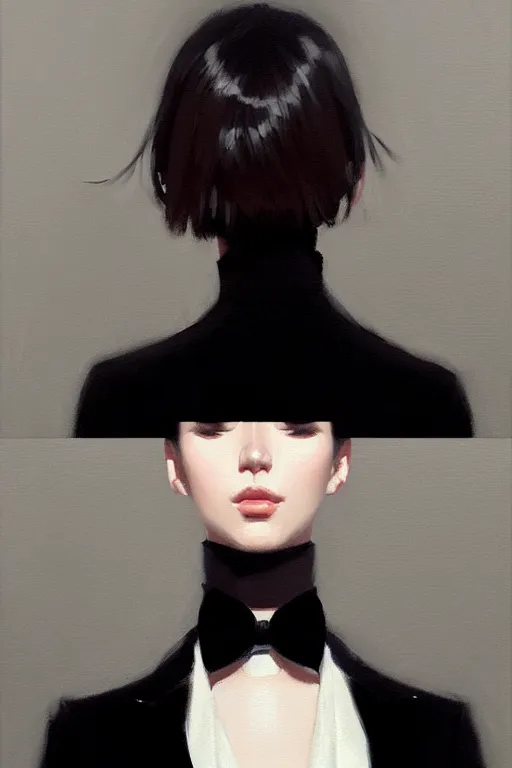 Image similar to a ultradetailed beautiful portrait panting of a stylish woman wearing a black tuxedo, oil painting, by ilya kuvshinov, greg rutkowski and makoto shinkai, trending on artstation