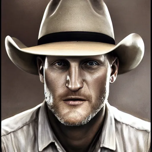 Image similar to portrait painting of woody harrelson, with a cowboy hat and bloody golf club, ultra realistic, concept art, intricate details, eerie, highly detailed, photorealistic, octane render, 8 k, unreal engine. art by artgerm and greg rutkowski and alphonse mucha