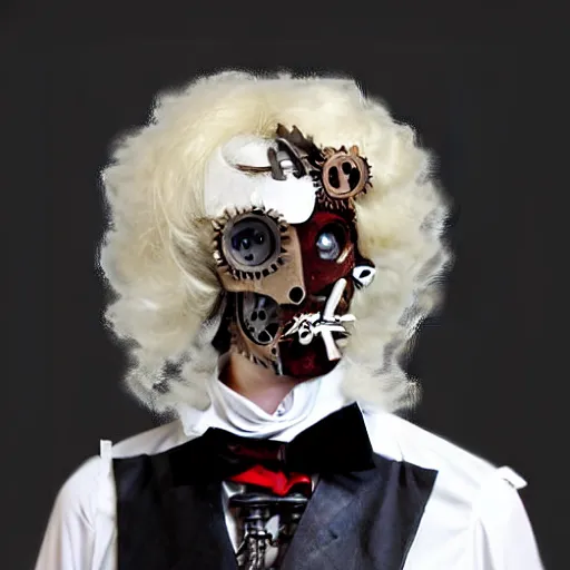 Prompt: Clockwork Cyborg Vampire French Aristocrat, powdered wig, gears, prosthetics, full-body