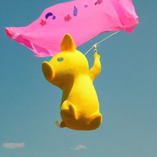 Prompt: a yellow pig flying while wearing a pink skirt