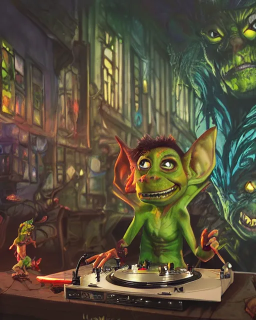 Prompt: an epic fantasy comic book style portrait painting of a goblin, sitting outside at a crowded futuristic restaurant with dj mixer deck and some vynil records. character design by mark ryden and pixar and hayao miyazaki, unreal 5, daz, hyperrealistic, octane render, cosplay, rpg portrait, dynamic lighting, intricate detail, summer vibrancy, cinematic,