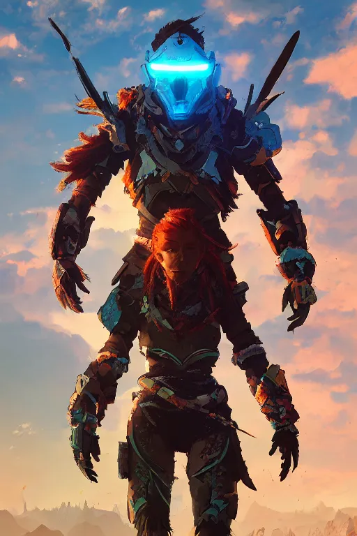 Image similar to combination suit armor aloy horizon forbidden west horizon zero dawn radiating a glowing aura global illumination ray tracing hdr fanart arstation by ian pesty and alena aenami artworks in 4 k tribal robot ninja mask helmet backpack