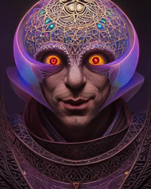 Image similar to front shot of a court jester character, hyperdimensional, bioluminescent hypercubes, ((intricate)), elegant, highly detailed, centered, (((artstation, concept art, smooth, sharp focus, artgerm, Tomasz Alen Kopera, Peter Mohrbacher, donato giancola, Joseph Christian Leyendecker, WLOP, Boris Vallejo))), mugshot!!!!!, ugly!!!!!!, octane render, nvidia raytracing demo, grainy, muted, 8K