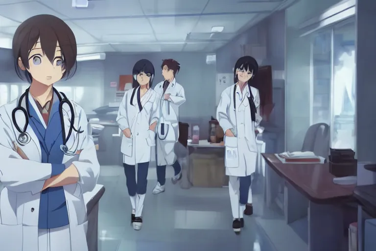 Image similar to a cute young female doctor wearing white coat are working in an emergency room , slice of life anime, cinematic, lighting, 8kHDR, anime scenery by Makoto shinkai