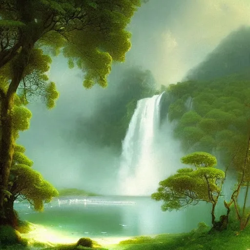 Image similar to Waterfall in a beautiful, green, lush paradise, creating mist in the lake below, trending artstation, cgsociety, 8k, hdr, hyper-detailed, digital painting by Aivazovsky