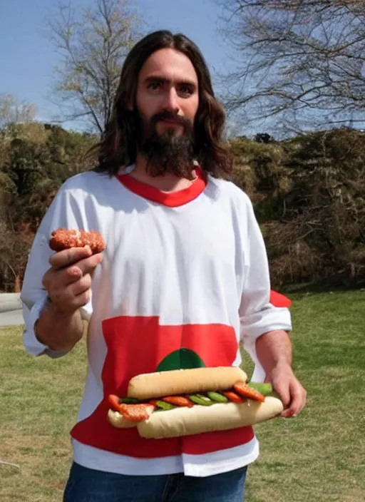 Image similar to jesus holding a hotdog