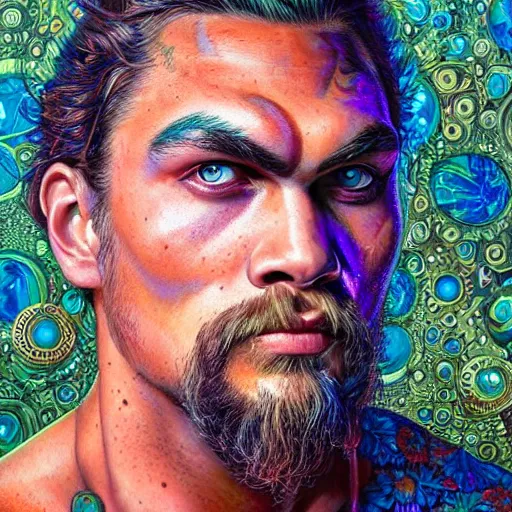 Image similar to portrait of jason momoa, hyper detailed masterpiece, neon floral pattern, jean giraud, digital art painting, darkwave goth aesthetic, psychedelic, artgerm, donato giancola and tom bagshaw