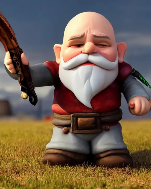 Image similar to bald gnome with big white beard holding a dagger and bomb running through a field looking angry.